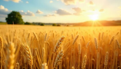 Naklejka premium Golden wheat field swaying gently in the summer breeze, ripe and ready for harvest Sun-drenched landscape, abundant harvest, rural scene , golden wheat, sun