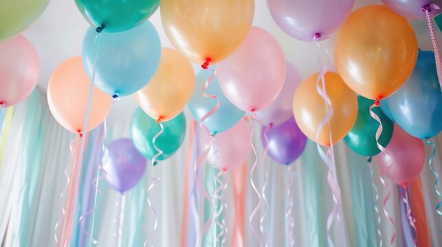 Birthday party decorations with colorful balloons and streamers.