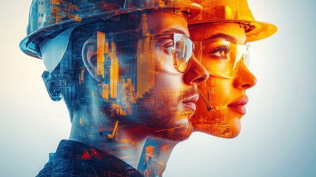 Double exposure of man and woman wearing safety helmets and glasses merged with illuminated cityscape representing construction and urban development