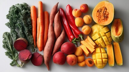 Colorful fruit vegetable flatlay kitchen healthy food