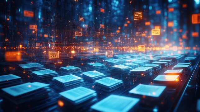 Futuristic data storage system with glowing digital documents floating above stacked electronic files in a high-tech environment - Powered by Adobe