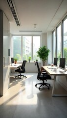 Fototapeta premium Modern, minimalist office interior design with sleek furniture and natural light streaming through large windows, creating a bright and productive workspace , glass, room, commercial