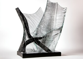 Abstract glass sculpture, fractured and flowing, with dark accents