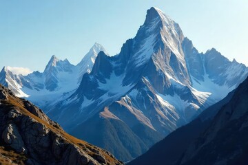 Fototapeta premium Rugged, imposing mountain range with sharp, rocky peaks and dramatic shadows A breathtaking display of nature's raw power and beauty, perfect for adventure or nature themes , environment, untamed