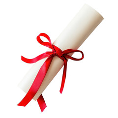 Diploma tied with red ribbon on a clean Transparent background symbolizing achievement and graduation celebration, Diploma tied with red ribbon on PNG background