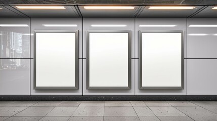 Empty frames for three big pictures on the wall as a mockup for poster design 