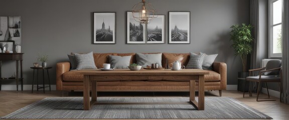 Brown couch, wooden dining table, black & white photos, grey walls, chic decor, wood, vintage