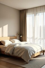 Serene minimalist bedroom featuring a simple bed, muted tones, and natural light streaming through a sheer curtain  Peaceful, calming, and perfect for relaxation ,  comfort,  bed