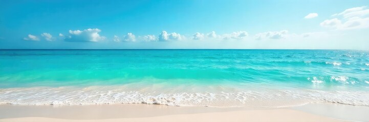 Fototapeta premium Serene, turquoise water gently laps a sandy shore under a clear sky, creating a tranquil and peaceful scene Perfect for relaxation, spa, or travel themes , tranquil scene, blue, mindfulness