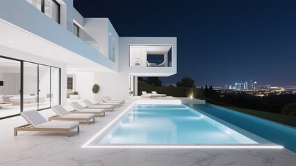 Obraz premium Modern Luxury Villa with Infinity Pool at Night
