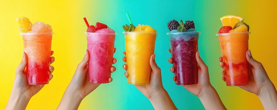 Five hands holding colorful fruit slushies against a cheerful blue and yellow gradient background, each drink topped with fresh fruit and mint leaves