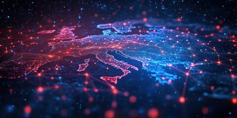 Obraz premium Digital representation of Europe's map illuminated with glowing red and blue network connections symbolizing data flow and connectivity