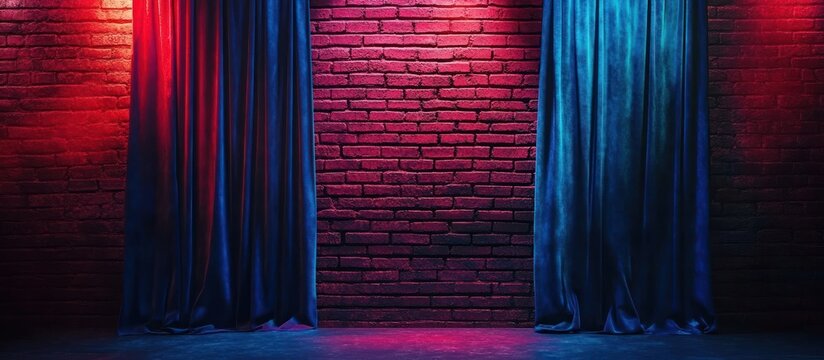 Dark stage with red brick wall background and blue velvet curtains illuminated by blue and red lighting creating dramatic atmosphere