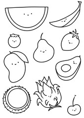 Fruit with smiling face set outline. Watermelon, banana, grape, pear, strawberry, mango, avocado, dragon fruit, coconut smile illustration. Suitable for coloring page, design, kids, etc.
