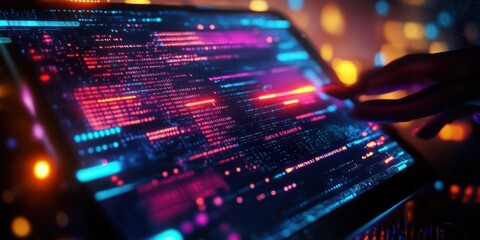 Close-up of a digital screen displaying colorful lines of glowing code with a hand interacting, creating a futuristic and immersive technological atmosphere