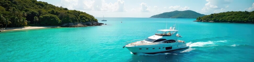 Fototapeta premium Sun-drenched yacht glides across turquoise water, surrounded by lush islands Perfect for travel, luxury, escape, and summer vacation imagery , turquoise, white clouds, islands