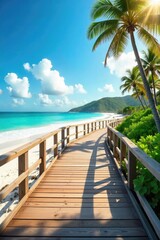 Fototapeta premium Sun-drenched wooden boardwalk stretches along a pristine sandy beach, turquoise waves gently lapping the shore Perfect for summer vacation, coastal living, and relaxation themes , beach, coast