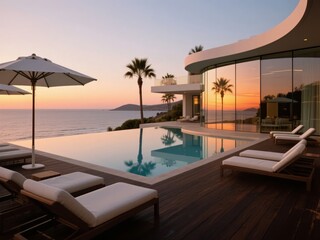 Fototapeta premium Modern Luxury Villa with Infinity Pool at Sunset