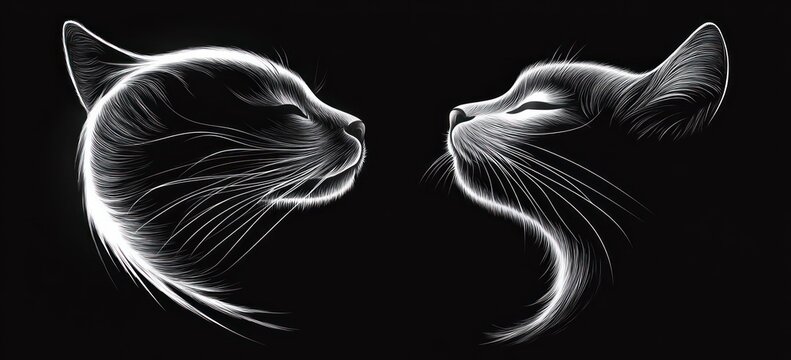 Two stylized white cat faces outlined with fine lines facing each other on a black background evoking calmness and gentle connection