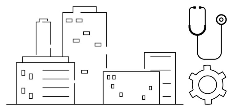 City buildings representing urban environment, stethoscope for healthcare, and a gear for technology and progress. Ideal for urban planning, healthcare, technology, collaboration, innovation