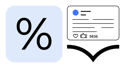 Percentage icon and social post with thumbs ups and engagement stats. Ideal for social media metrics, marketing, audience growth, data analysis, engagement, statistics, simple landing page