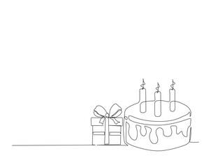 Fototapeta premium Birthday cake with gift box outline drawing illustration. one continuous line drawing of Birthday cake with present box.
