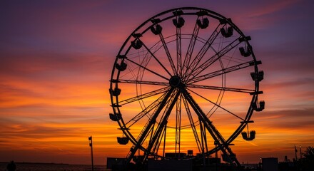 Photo Ferris Wheel Silhouette at Vibrant Sunset