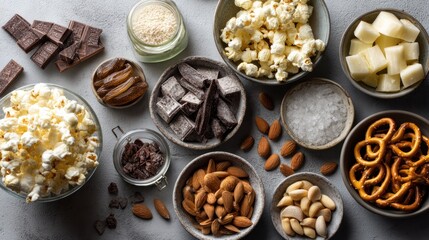 Fototapeta premium Gourmet snacks overhead, various treats, grey background, food photography