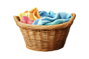Overflowing woven laundry basket filled with freshly washed colorful clothes ready to be on transparent background