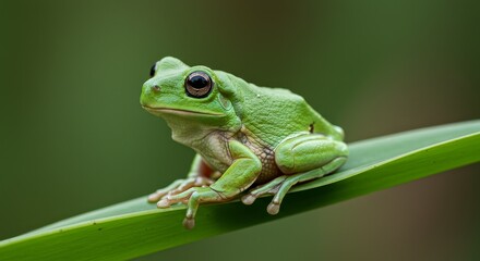 Obraz premium Photo Green Tree Frog on Leaf in Rainforest