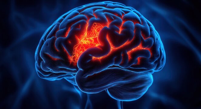 3d illustration of a human brain with highlighted glowing inner structures in red and orange surrounded by a blue neural background