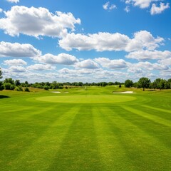 Fototapeta premium Photo Lush Green Golf Course Under Sunny Blue Sky