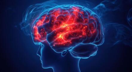 Glowing red and orange neural activity within a blue translucent head and brain model against a dark background, representing brain function and cognition