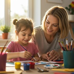Photo Mother And Daughter Painting Art Indoors