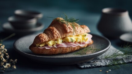 Ham and egg croissant breakfast, dark background, plate