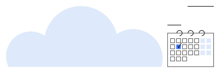 Large cloud with minimal calendar marked with a check, representing cloud storage, scheduling, and organization. Ideal for planning, productivity, technology, teamwork, data management task