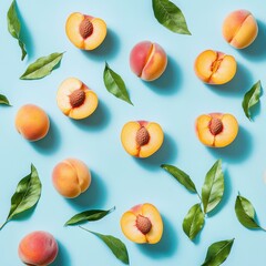 Peach halves & leaves on a light blue background