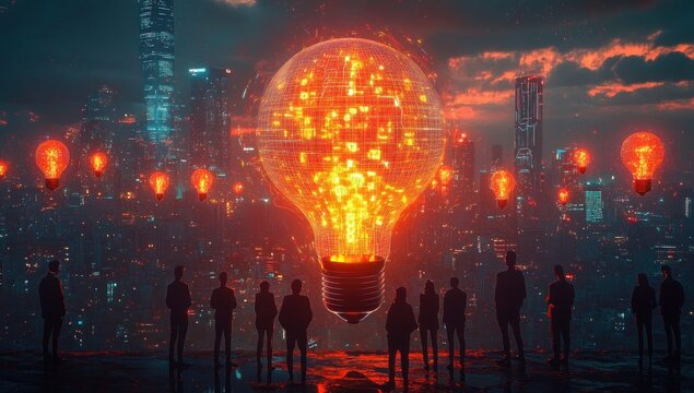 Silhouetted group of people standing in front of a futuristic cityscape illuminated by large glowing digital light bulbs representing innovation and ideas