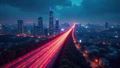Fototapeta premium A futuristic cityscape at night, glowing fiber optic cables forming a network across buildings, representing the digital information superhighway , connection, glowing, data flow