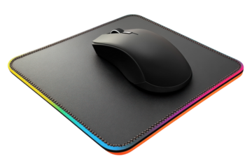 Sleek black wireless mouse resting on a vibrant RGB gaming mousepad creating an immersive and on transparent background