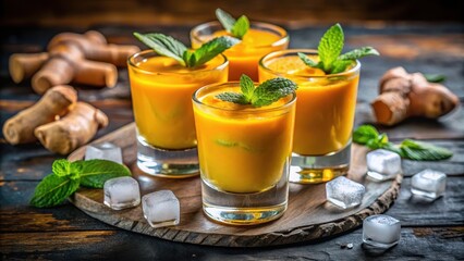 Fototapeta premium Vibrant turmeric ginger shots frozen on a wooden table against a dark background with ice cubes and garnished with fresh herbs