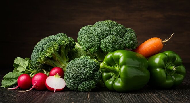 Photo Fresh Green Vegetables on Rustic Wooden Table - Powered by Adobe