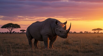 Fototapeta premium Photo Majestic Rhinoceros in Sunset Savanna