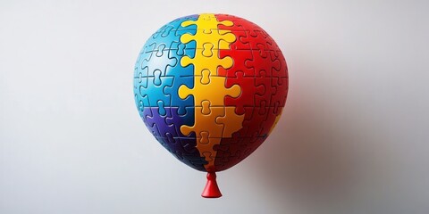 Colorful balloon made of interlocking jigsaw puzzle pieces in blue, yellow, red, and purple colors against a plain white background