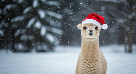 Photo of Alpaca Wearing Santa Hat in Snowy Winter Wonderland