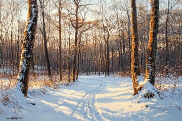 Snow-covered forest trail with sunlight filtering through bare trees casting long shadows in a peaceful winter landscape