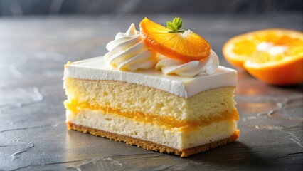 Cake slice with creamy orange topping, soft whipped cream, foodie delight