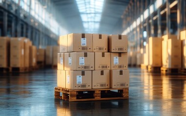 Stack of cardboard boxes on a wooden pallet inside a spacious warehouse with high ceilings and large windows allowing natural light