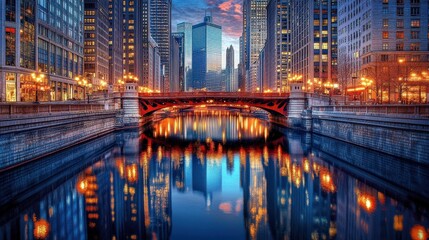 Fototapeta premium Stunning Cityscape Reflection in Chicago River at Sunset Time