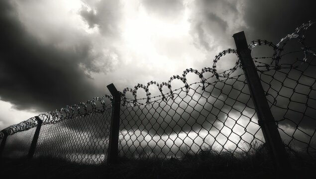 dark ominous sky over a tall metal chain link fence topped with spiraled barbed wire, creating a foreboding and tense atmosphere - Powered by Adobe